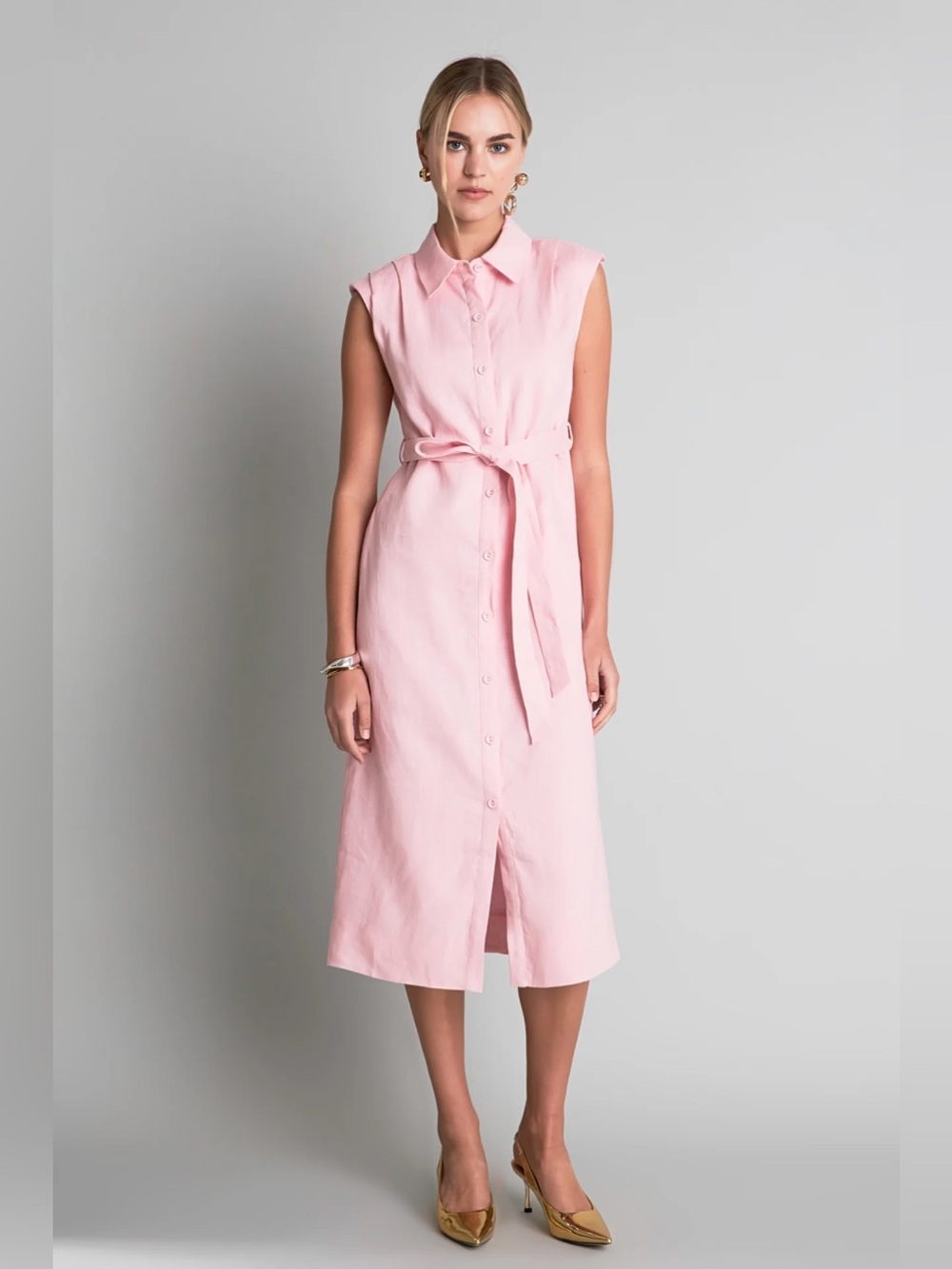 English Factory Pink Linen Button-Front Midi Shirt Dress with Tie Waist Size M